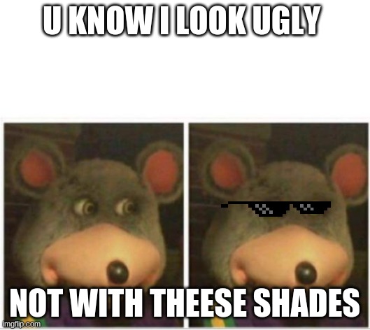 chuck e cheese rat stare | U KNOW I LOOK UGLY; NOT WITH THEESE SHADES | image tagged in chuck e cheese rat stare | made w/ Imgflip meme maker