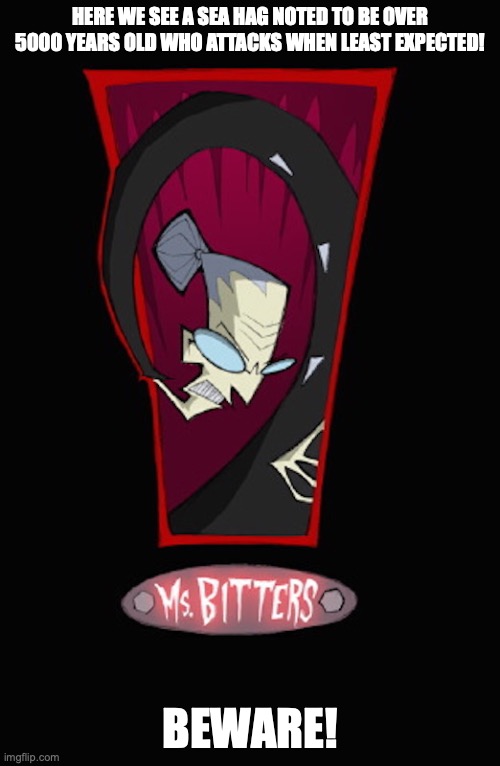 Ms. Bitters | HERE WE SEE A SEA HAG NOTED TO BE OVER 5000 YEARS OLD WHO ATTACKS WHEN LEAST EXPECTED! BEWARE! | image tagged in invader zim,memes | made w/ Imgflip meme maker