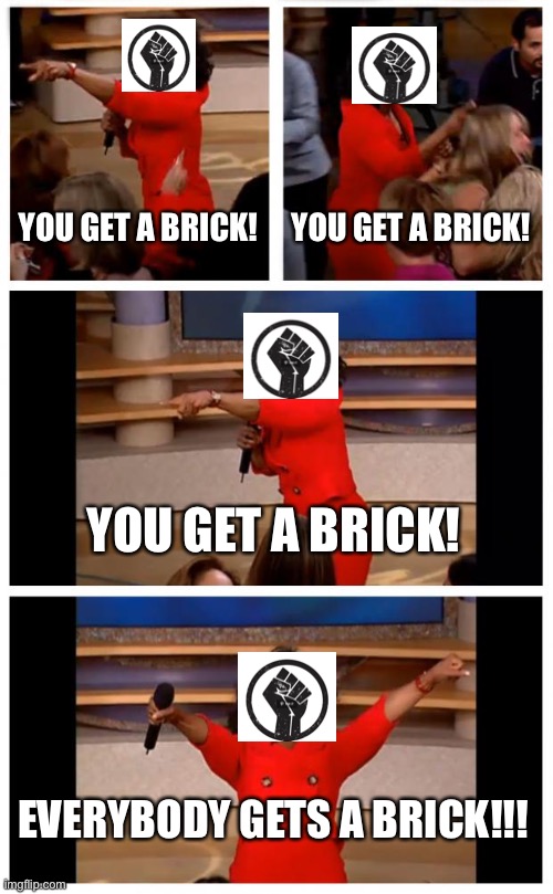 Oprah’s getting militant | YOU GET A BRICK! YOU GET A BRICK! YOU GET A BRICK! EVERYBODY GETS A BRICK!!! | image tagged in memes,oprah you get a car everybody gets a car,black lives matter,racist,brick,blm | made w/ Imgflip meme maker
