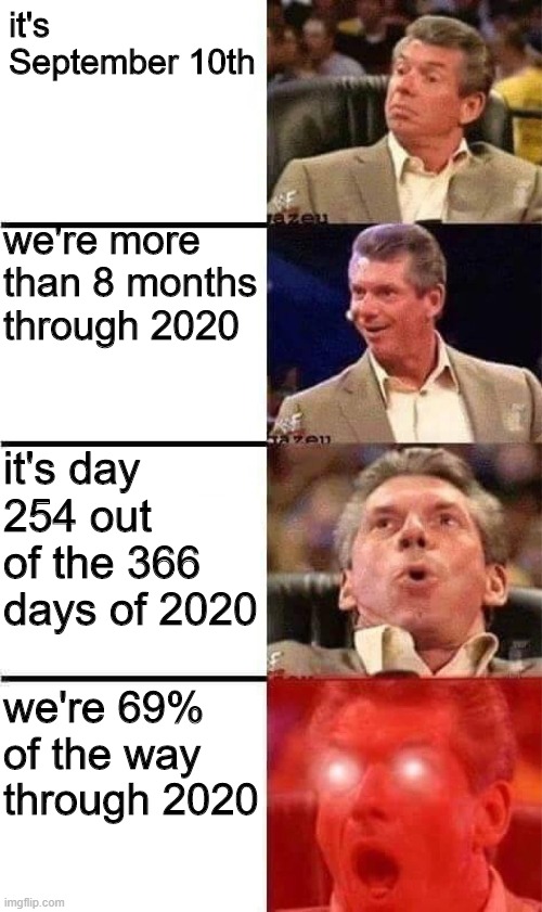 2020 almost there | it's September 10th; we're more than 8 months through 2020; it's day 254 out of the 366 days of 2020; we're 69% of the way through 2020 | image tagged in vince mcmahon reaction w/glowing eyes,2020,2020 sucks,almost there,funny,stop reading the tags | made w/ Imgflip meme maker