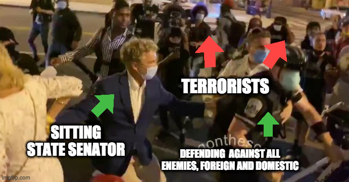 SITTING STATE SENATOR DEFENDING  AGAINST ALL ENEMIES, FOREIGN AND DOMESTIC TERRORISTS | made w/ Imgflip meme maker