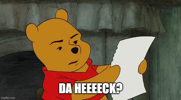 Pooh Reading | DA HEEEECK? | image tagged in pooh reading | made w/ Imgflip meme maker