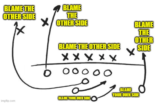 Blank playbook | BLAME THE OTHER SIDE BLAME YOUR OWN SIDE BLAME THE OTHER SIDE BLAME YOUR OWN SIDE BLAME THE OTHER SIDE BLAME THE OTHER SIDE | image tagged in blank playbook | made w/ Imgflip meme maker