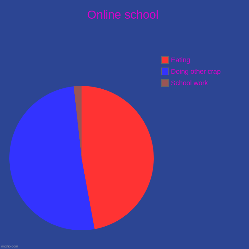 Online school | School work, Doing other crap , Eating | image tagged in charts,pie charts | made w/ Imgflip chart maker