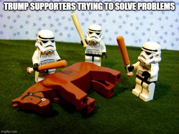 Beating a dead horse | TRUMP SUPPORTERS TRYING TO SOLVE PROBLEMS | image tagged in beating a dead horse | made w/ Imgflip meme maker