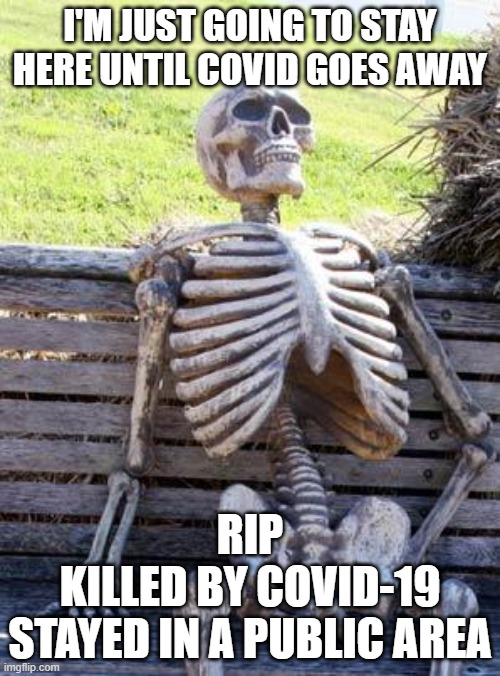Waiting Skeleton | I'M JUST GOING TO STAY HERE UNTIL COVID GOES AWAY; RIP
KILLED BY COVID-19
STAYED IN A PUBLIC AREA | image tagged in memes,waiting skeleton | made w/ Imgflip meme maker