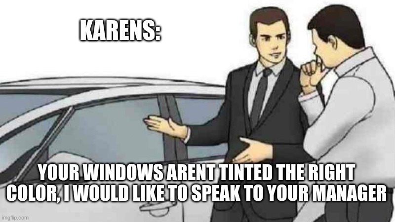 karens | KARENS:; YOUR WINDOWS ARENT TINTED THE RIGHT COLOR, I WOULD LIKE TO SPEAK TO YOUR MANAGER | image tagged in memes,car salesman slaps roof of car | made w/ Imgflip meme maker