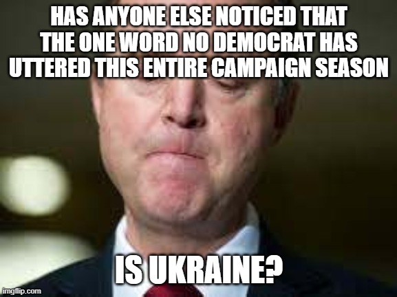 Important enough to impeach the President on but not important enough to campaign on? | HAS ANYONE ELSE NOTICED THAT THE ONE WORD NO DEMOCRAT HAS UTTERED THIS ENTIRE CAMPAIGN SEASON; IS UKRAINE? | image tagged in democrats,schiff,ukraine,impeachment | made w/ Imgflip meme maker