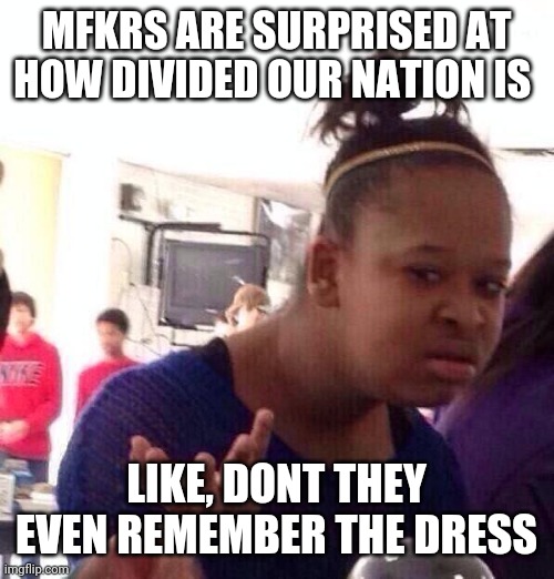 Division | MFKRS ARE SURPRISED AT HOW DIVIDED OUR NATION IS; LIKE, DONT THEY EVEN REMEMBER THE DRESS | image tagged in memes,black girl wat,division,the dress,2020 | made w/ Imgflip meme maker