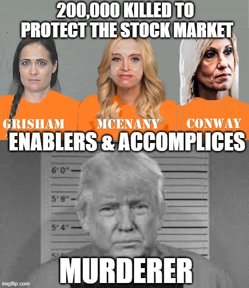 THEY KNEW, & THEY LIED TO YOU ABOUT COVID @USA | 200,000 KILLED TO 
PROTECT THE STOCK MARKET; ENABLERS & ACCOMPLICES; MURDERER | image tagged in lethal,murderer,trump,enablers | made w/ Imgflip meme maker