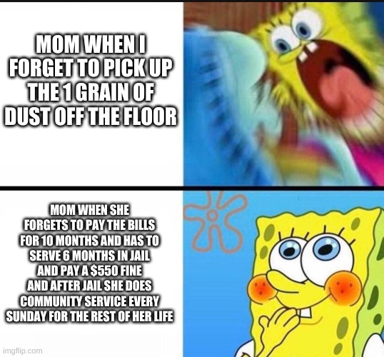 moms | MOM WHEN I FORGET TO PICK UP THE 1 GRAIN OF DUST OFF THE FLOOR; MOM WHEN SHE FORGETS TO PAY THE BILLS FOR 10 MONTHS AND HAS TO SERVE 6 MONTHS IN JAIL AND PAY A $550 FINE AND AFTER JAIL SHE DOES COMMUNITY SERVICE EVERY SUNDAY FOR THE REST OF HER LIFE | image tagged in spongebob,memes,squidward,moms | made w/ Imgflip meme maker