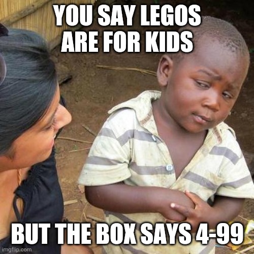 Third World Skeptical Kid | YOU SAY LEGOS ARE FOR KIDS; BUT THE BOX SAYS 4-99 | image tagged in memes,third world skeptical kid,legos | made w/ Imgflip meme maker
