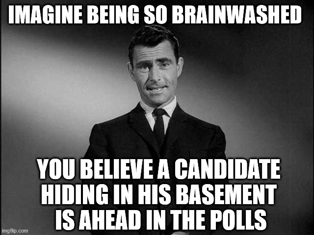 rod serling twilight zone | IMAGINE BEING SO BRAINWASHED YOU BELIEVE A CANDIDATE HIDING IN HIS BASEMENT
 IS AHEAD IN THE POLLS | image tagged in rod serling twilight zone | made w/ Imgflip meme maker