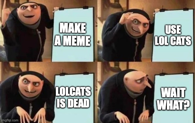 Wait what..? LOLCATS NO | MAKE A MEME; USE LOL CATS; LOLCATS IS DEAD; WAIT WHAT? | image tagged in gru's plan,lolcats | made w/ Imgflip meme maker