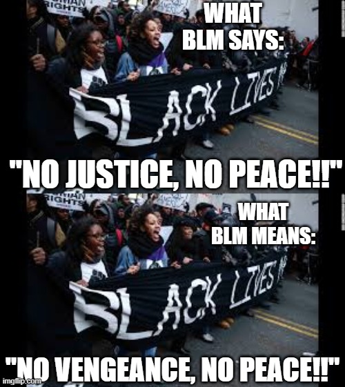 What You Do Is What You Believe | WHAT BLM SAYS:; "NO JUSTICE, NO PEACE!!"; WHAT BLM MEANS:; "NO VENGEANCE, NO PEACE!!" | image tagged in blm hates black lives,blm equals terror,blm is marxist | made w/ Imgflip meme maker