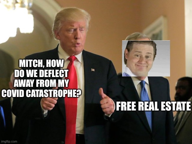 Free Real Estate | MITCH, HOW DO WE DEFLECT AWAY FROM MY COVID CATASTROPHE? FREE REAL ESTATE | image tagged in trump mcconnell,memes | made w/ Imgflip meme maker