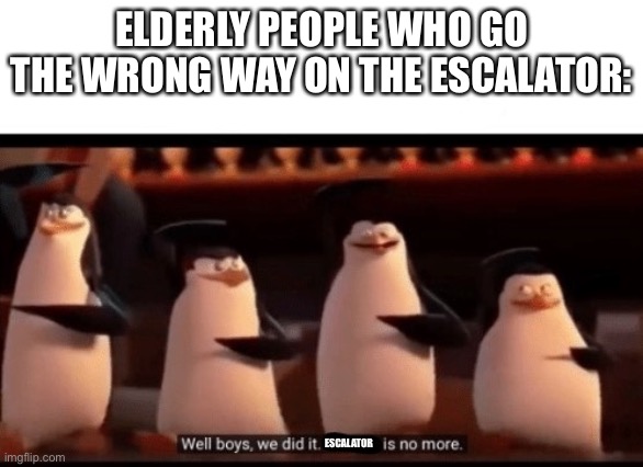 Well boys, we did it (blank) is no more | ELDERLY PEOPLE WHO GO THE WRONG WAY ON THE ESCALATOR: ESCALATOR | image tagged in well boys we did it blank is no more | made w/ Imgflip meme maker