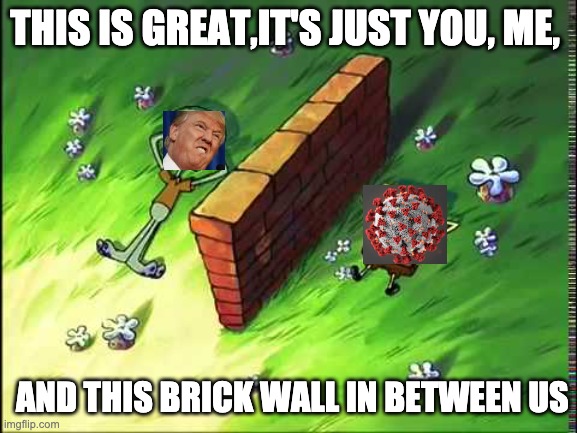 spongebob wall | THIS IS GREAT,IT'S JUST YOU, ME, AND THIS BRICK WALL IN BETWEEN US | image tagged in spongebob wall | made w/ Imgflip meme maker