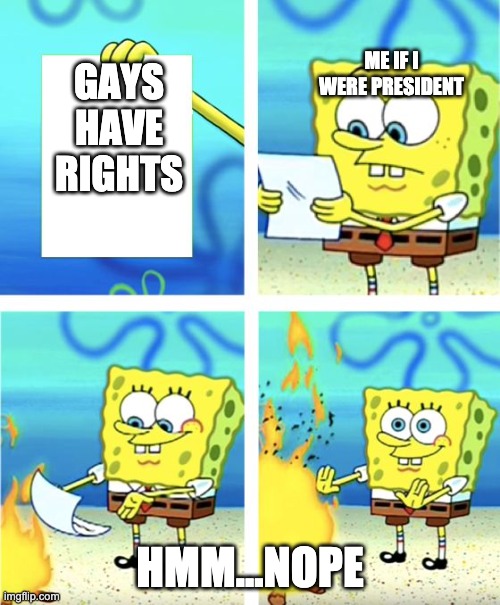 Spongebob Burning Paper | ME IF I WERE PRESIDENT; GAYS HAVE RIGHTS; HMM...NOPE | image tagged in spongebob burning paper | made w/ Imgflip meme maker