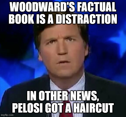 It is FOX's mission statement to spead misinformation in order to radicalize their base.  Open your eyes. | WOODWARD'S FACTUAL BOOK IS A DISTRACTION; IN OTHER NEWS, PELOSI GOT A HAIRCUT | image tagged in confused tucker carlson,fox deception,fox fake news | made w/ Imgflip meme maker