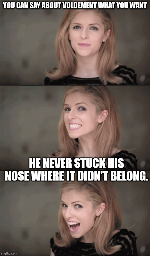 Well, this is true, you know! | YOU CAN SAY ABOUT VOLDEMENT WHAT YOU WANT; HE NEVER STUCK HIS NOSE WHERE IT DIDN'T BELONG. | image tagged in memes,bad pun anna kendrick,voldemort,nose,harrypotter,bad pun | made w/ Imgflip meme maker