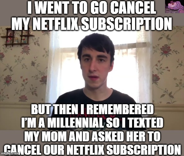 Millennial problems | I WENT TO GO CANCEL MY NETFLIX SUBSCRIPTION; BUT THEN I REMEMBERED I’M A MILLENNIAL SO I TEXTED MY MOM AND ASKED HER TO CANCEL OUR NETFLIX SUBSCRIPTION | image tagged in brainwashed | made w/ Imgflip meme maker