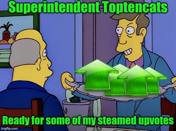 Principal Skinner Upvote | Superintendent Toptencats Ready for some of my steamed upvotes | image tagged in principal skinner upvote | made w/ Imgflip meme maker