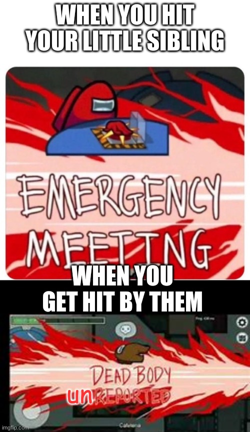 truth | WHEN YOU HIT YOUR LITTLE SIBLING; WHEN YOU GET HIT BY THEM; un | image tagged in emergency meeting among us,dead body reported | made w/ Imgflip meme maker