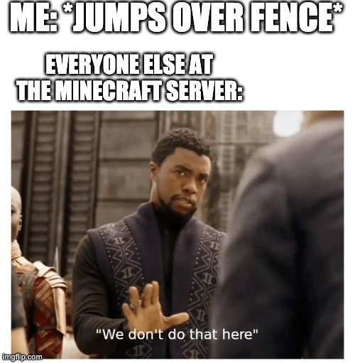 we don't do that here | ME: *JUMPS OVER FENCE*; EVERYONE ELSE AT THE MINECRAFT SERVER: | image tagged in we don't do that here,minecraft | made w/ Imgflip meme maker