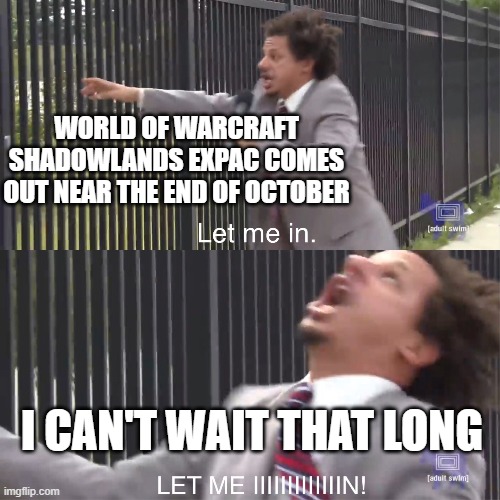 wow expac | WORLD OF WARCRAFT SHADOWLANDS EXPAC COMES OUT NEAR THE END OF OCTOBER; I CAN'T WAIT THAT LONG | image tagged in let me in,wow,gaming,funny,world of warcraft,wait | made w/ Imgflip meme maker