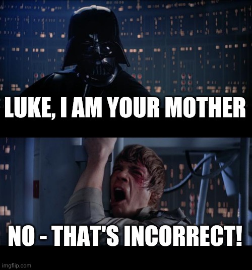 Star Wars No | LUKE, I AM YOUR MOTHER; NO - THAT'S INCORRECT! | image tagged in memes,star wars no,darth vader luke skywalker,darth vader,darth vader office space,luke skywalker and darth vader | made w/ Imgflip meme maker