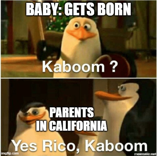 Kaboom? Yes Rico, Kaboom. | BABY: GETS BORN; PARENTS IN CALIFORNIA | image tagged in kaboom yes rico kaboom | made w/ Imgflip meme maker