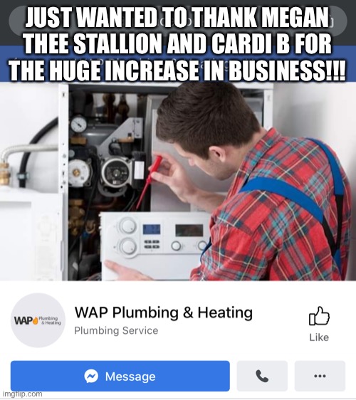 WAP | JUST WANTED TO THANK MEGAN THEE STALLION AND CARDI B FOR THE HUGE INCREASE IN BUSINESS!!! | image tagged in funny,memes | made w/ Imgflip meme maker