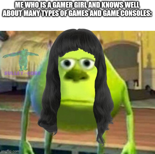 ME WHO IS A GAMER GIRL AND KNOWS WELL ABOUT MANY TYPES OF GAMES AND GAME CONSOLES: | image tagged in monsters inc | made w/ Imgflip meme maker