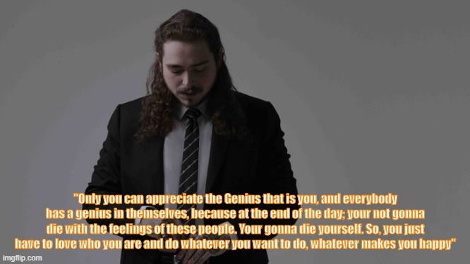 Post Malone | "Only you can appreciate the Genius that is you, and everybody has a genius in themselves, because at the end of the day; your not gonna die with the feelings of these people. Your gonna die yourself. So, you just have to love who you are and do whatever you want to do, whatever makes you happy" | image tagged in post malone | made w/ Imgflip meme maker