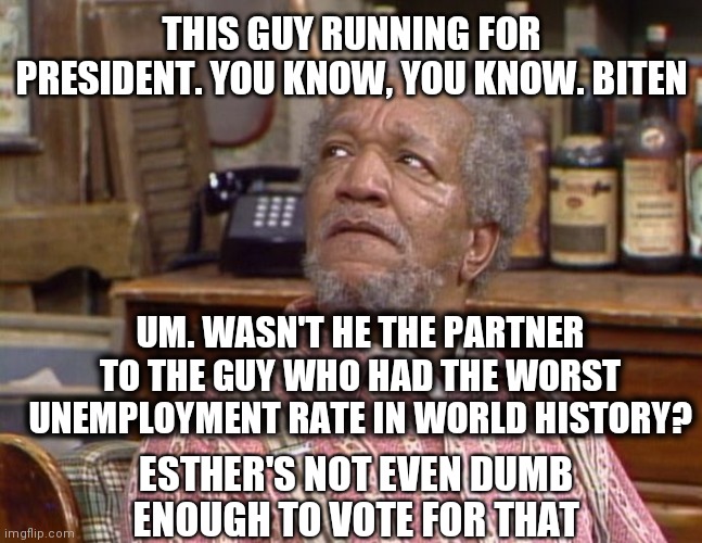 Fred Sanford | THIS GUY RUNNING FOR PRESIDENT. YOU KNOW, YOU KNOW. BITEN; UM. WASN'T HE THE PARTNER TO THE GUY WHO HAD THE WORST UNEMPLOYMENT RATE IN WORLD HISTORY? ESTHER'S NOT EVEN DUMB ENOUGH TO VOTE FOR THAT | image tagged in fred sanford | made w/ Imgflip meme maker