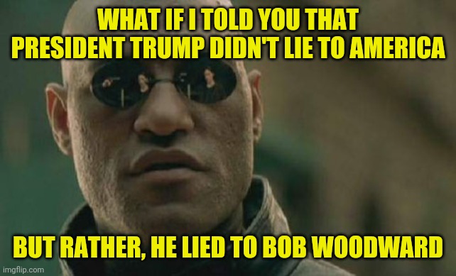 Trump lied to Woodward and was consistent with America | WHAT IF I TOLD YOU THAT PRESIDENT TRUMP DIDN'T LIE TO AMERICA; BUT RATHER, HE LIED TO BOB WOODWARD | image tagged in memes,matrix morpheus | made w/ Imgflip meme maker