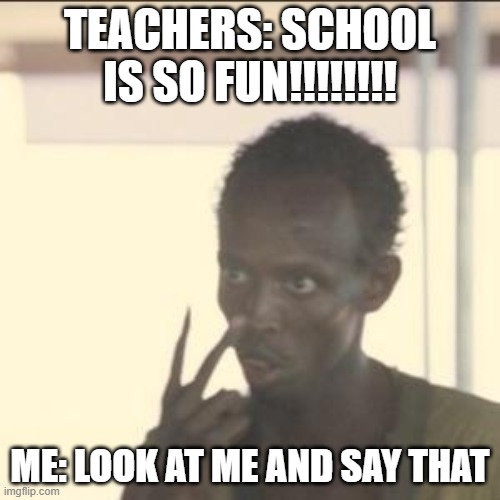 Me in a nutshell | TEACHERS: SCHOOL IS SO FUN!!!!!!!! ME: LOOK AT ME AND SAY THAT | image tagged in memes,look at me | made w/ Imgflip meme maker