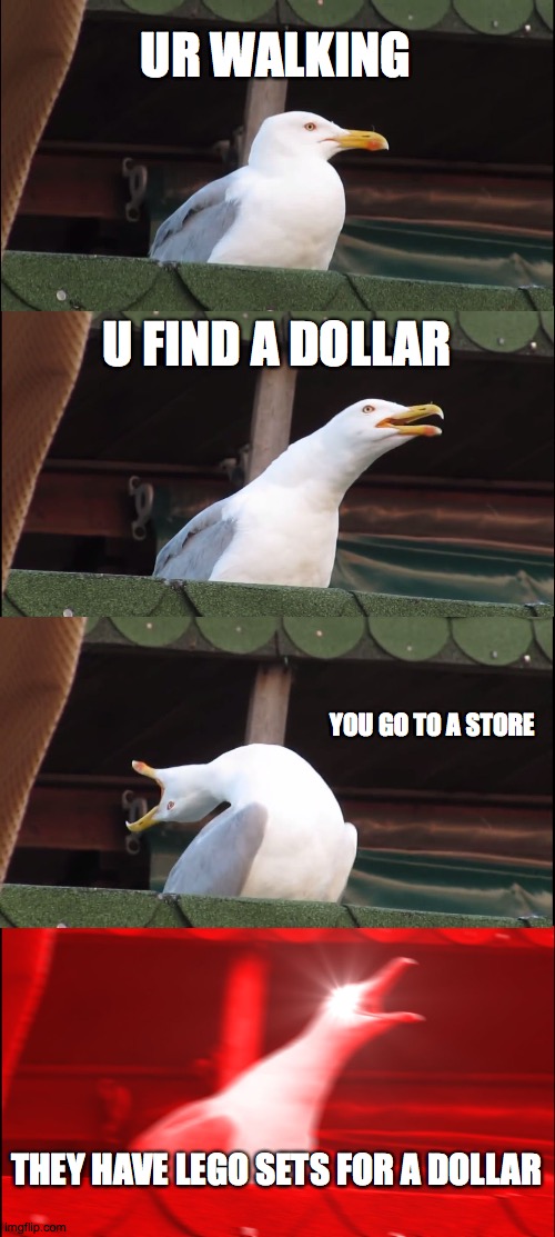 Inhaling Seagull | UR WALKING; U FIND A DOLLAR; YOU GO TO A STORE; THEY HAVE LEGO SETS FOR A DOLLAR | image tagged in memes,inhaling seagull | made w/ Imgflip meme maker