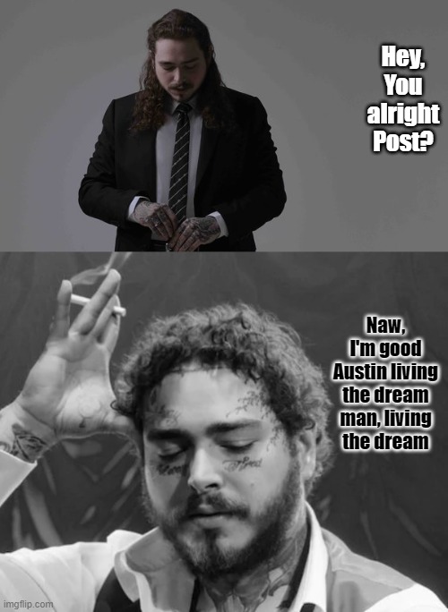 I'm good Austin | Hey, You alright Post? Naw, I'm good Austin living the dream man, living the dream | image tagged in post malone | made w/ Imgflip meme maker