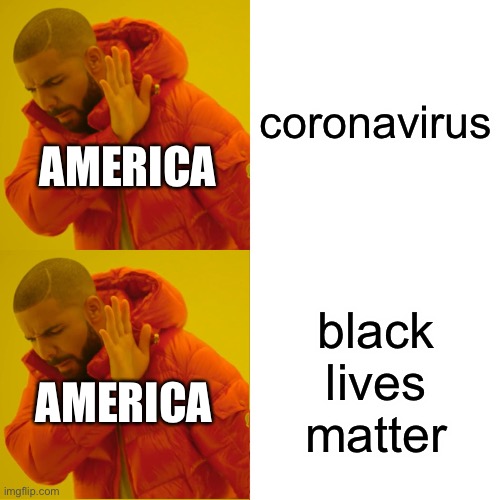 basically july for america | coronavirus; AMERICA; black lives matter; AMERICA | image tagged in memes,drake hotline bling | made w/ Imgflip meme maker