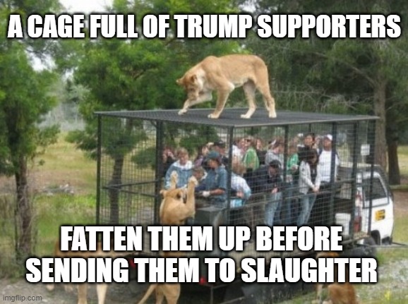 President Trump Prepares the MAGA People | A CAGE FULL OF TRUMP SUPPORTERS; FATTEN THEM UP BEFORE SENDING THEM TO SLAUGHTER | image tagged in make americans stupid,trump equals death,not just babies in cages,pandemic,coronavirus,super spreader events | made w/ Imgflip meme maker