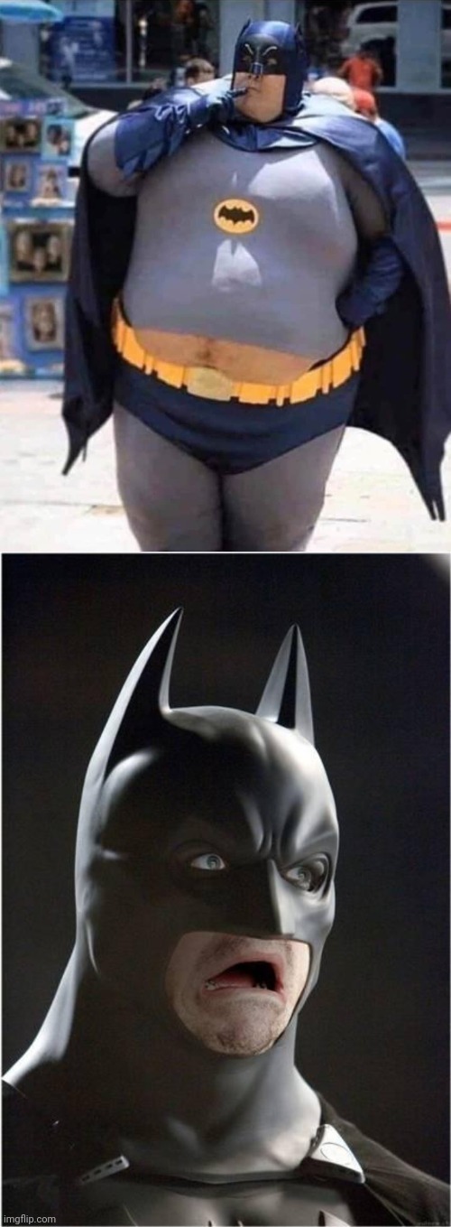 BATMAN REALLY LET HIMSELF GO | image tagged in batman scared,batman,cosplay,cosplay fail | made w/ Imgflip meme maker