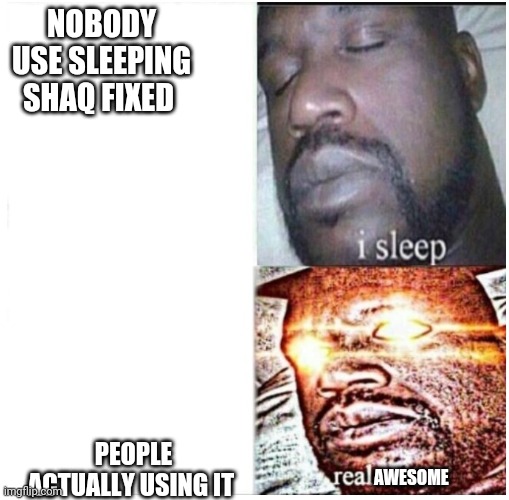 NOBODY USE SLEEPING SHAQ FIXED; PEOPLE ACTUALLY USING IT; AWESOME | image tagged in sleeping shaq fixed | made w/ Imgflip meme maker