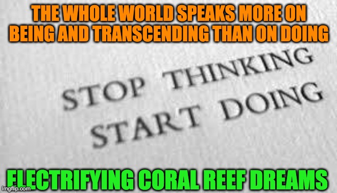 START DOING | THE WHOLE WORLD SPEAKS MORE ON BEING AND TRANSCENDING THAN ON DOING; ELECTRIFYING CORAL REEF DREAMS | image tagged in start doing | made w/ Imgflip meme maker