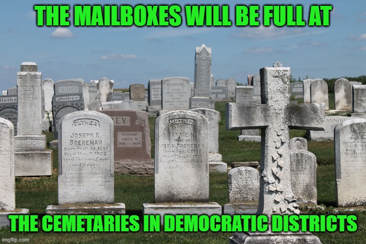 Cemetary | THE MAILBOXES WILL BE FULL AT THE CEMETARIES IN DEMOCRATIC DISTRICTS | image tagged in cemetary | made w/ Imgflip meme maker