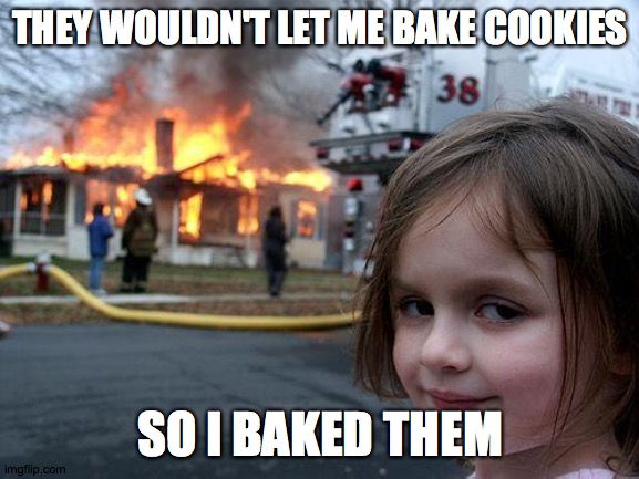 Disaster Girl Meme | THEY WOULDN'T LET ME BAKE COOKIES; SO I BAKED THEM | image tagged in memes,disaster girl | made w/ Imgflip meme maker