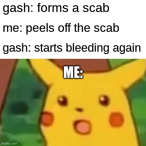 suprise hohoho | gash: forms a scab; me: peels off the scab; gash: starts bleeding again; ME: | image tagged in memes,surprised pikachu | made w/ Imgflip meme maker