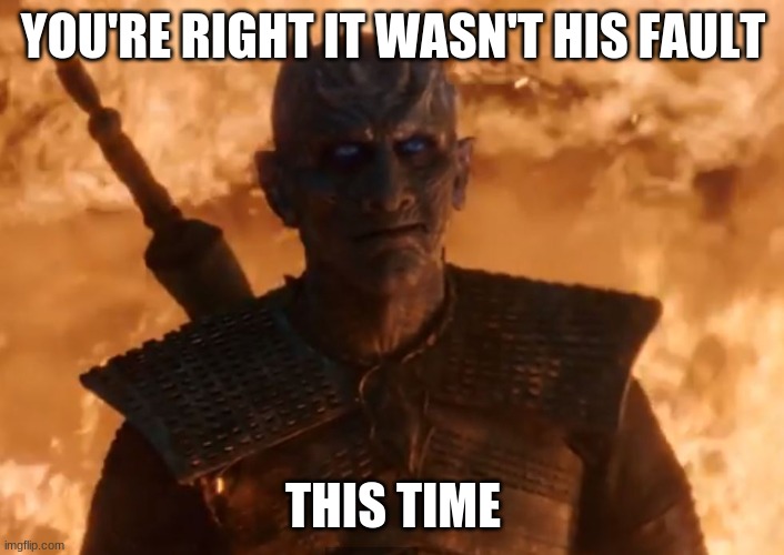 Night King Smirk | YOU'RE RIGHT IT WASN'T HIS FAULT THIS TIME | image tagged in night king smirk | made w/ Imgflip meme maker