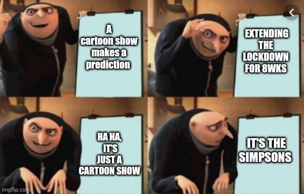 Lockdown Covid | EXTENDING THE LOCKDOWN FOR 8WKS; A cartoon show makes a prediction; HA HA,  IT'S JUST A CARTOON SHOW; IT'S THE SIMPSONS | image tagged in 4 panel gru meme | made w/ Imgflip meme maker
